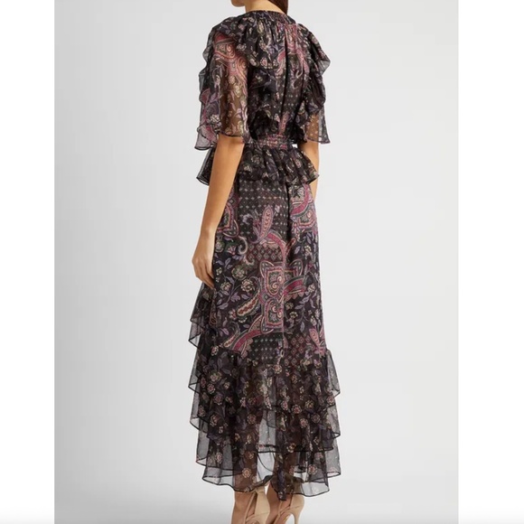 MISA Marni Printed Chiffon Midi Dress Size Small Black Boho Paisley - Picture 3 of 16